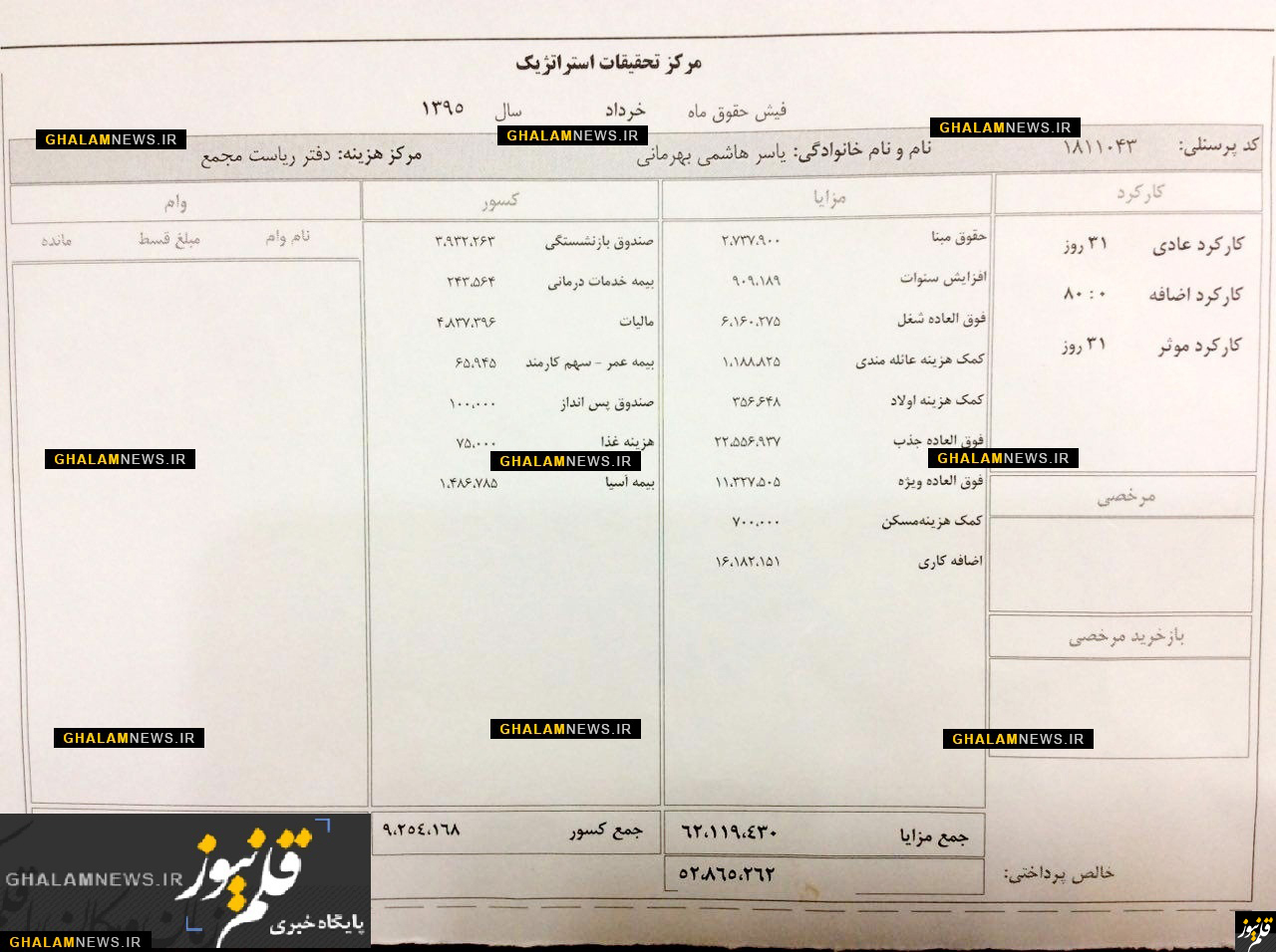 انتشار فیش حقوقی یاسر هاشمی+(عکس)